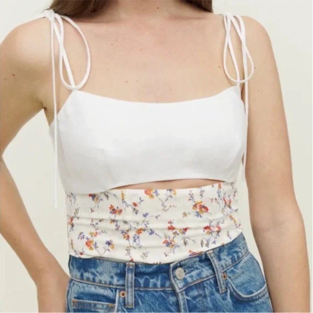 NWT Reformation White with Floral Print Cutout Summer Herri Top Sz 8